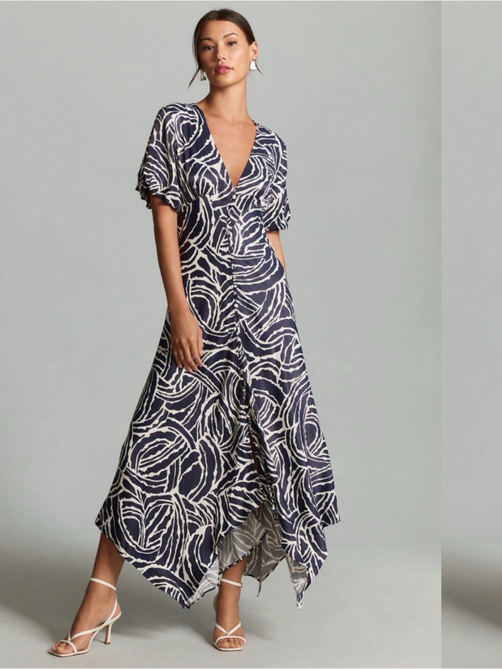 Navy and White V-Neck Maxi Dress